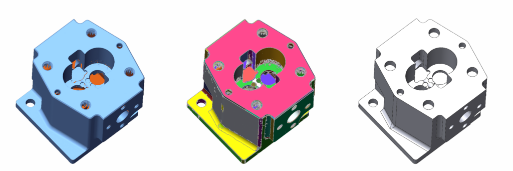 スキャンデータ → 領域分割 → 3D CADデータ化 (3D CADデータ作成協力:株式会社モールドテック)