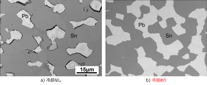 断面イオンミリングを行ったSn-Pb共晶はんだのSEM像 （サンプル冷却有無での仕上げの比較）