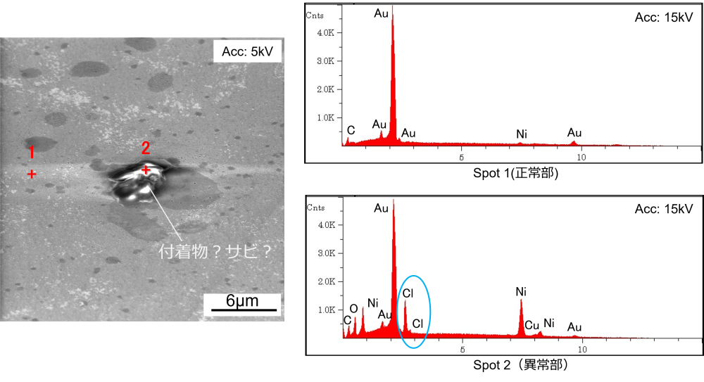 めっき異常部表面の元素分析（点分析）