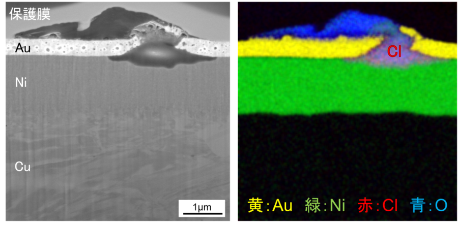 めっき異常部断面の元素分析（面分析）