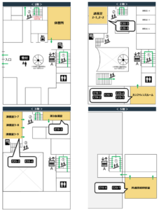 海老名会場のマップと各フォーラムの実施場所および避難経路図