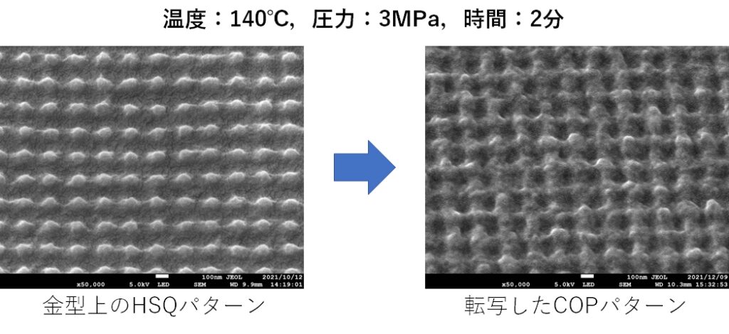  金型上のHSQパターンと転写した樹脂パターン