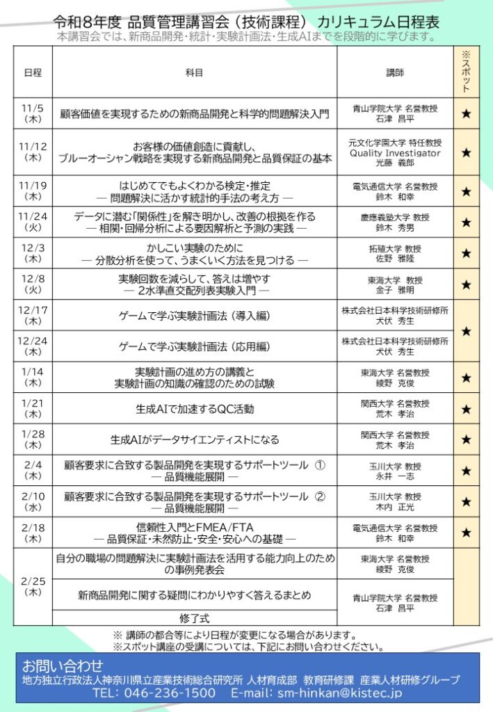 令和8年度 品質管理講習会(技術課程)カリキュラム日程表